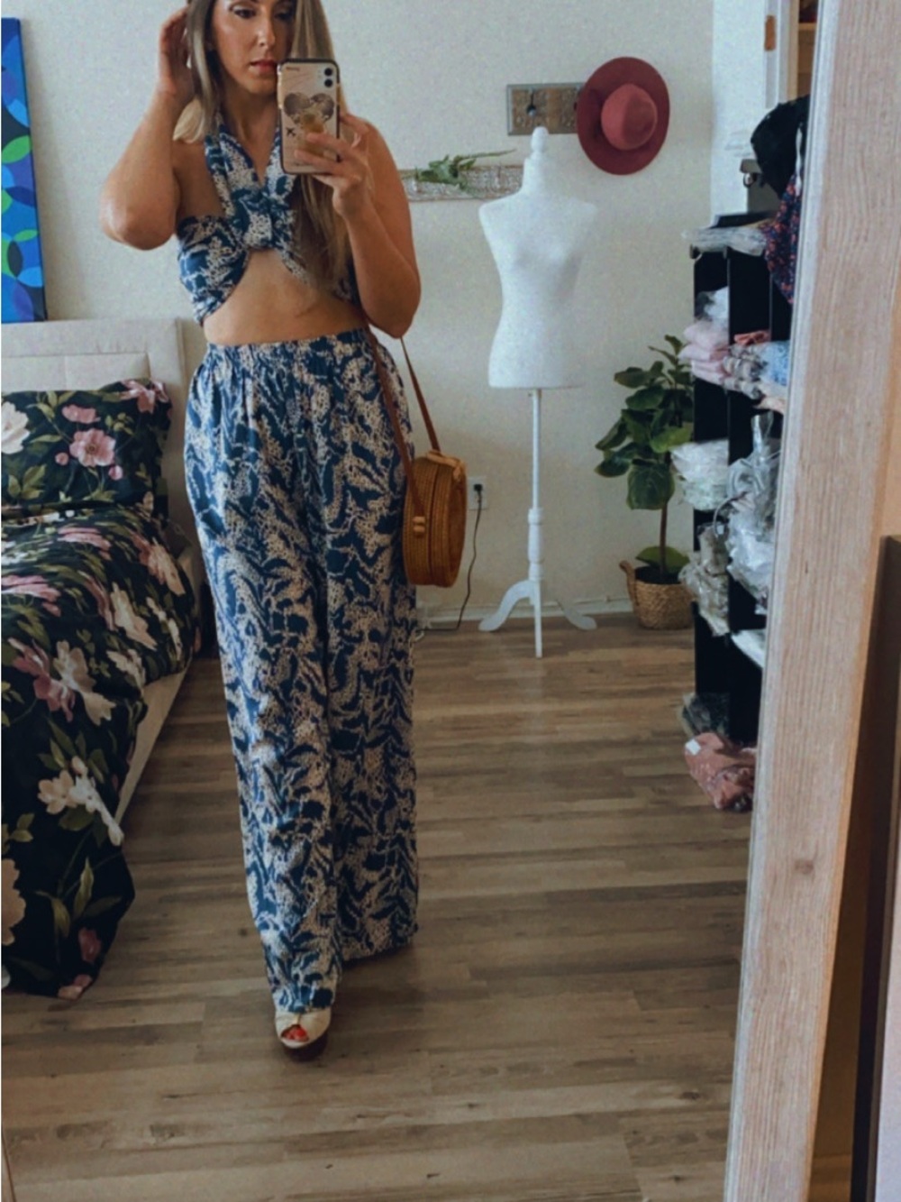 High-Waist Wide Leg Pants in Blue Leaf Print
